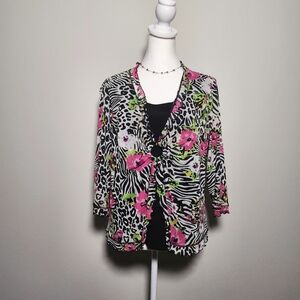 Laura Ashley Vintage Y2K Zebra Leopard Whimsy Flirty Layered Mesh Floral Top L